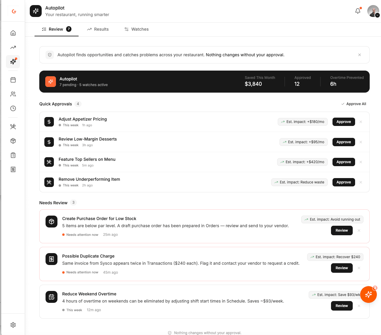 GriddleOS Autopilot dashboard with recommendations and approvals