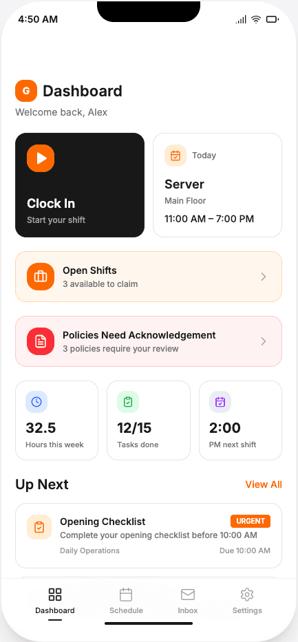 Employee Dashboard – Clock in, view shifts, and see what needs attention today